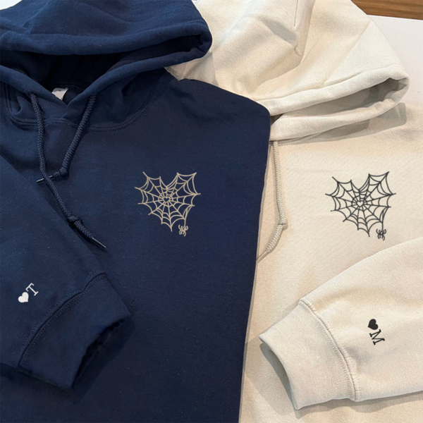 Custom Embroidered Spider Web Heart Matching Hoodies for Couples, Couple Sweatshirt, Couple Embroidered Sweatshirt, Valentine's Day Gifts Idea For Him Her - Image 3