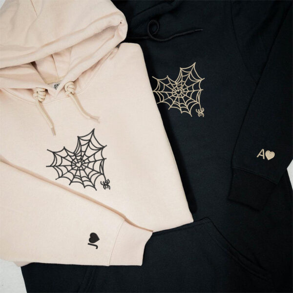 Custom Embroidered Spider Web Heart Matching Hoodies for Couples, Couple Sweatshirt, Couple Embroidered Sweatshirt, Valentine's Day Gifts Idea For Him Her