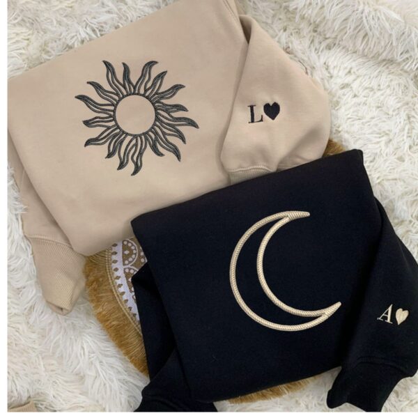 Custom Embroidered Sun and Moon Matching Hoodies for Couples, Couple Sweatshirt, Couple Embroidered Sweatshirt, Valentine's Day Gifts Idea For Him Her - Image 2
