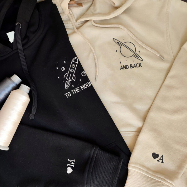 To The Moon and Back Custom Embroidered Matching Hoodies For Couples, Couple Sweatshirt, Couple Embroidered Sweatshirt, Valentine's Day Gifts Idea For Him Her - Image 3
